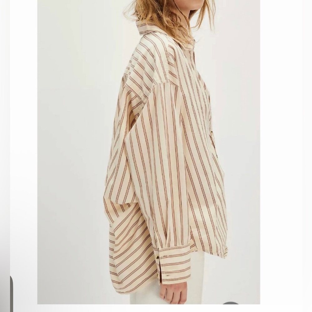 Free People Varsity Vibes Stripe Oversize Cotton Button-Up Shirt LG NWT - Picture 4 of 9
